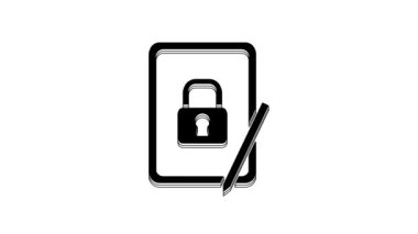 Black Graphic tablet with closed padlock icon isolated on white background. Phone with lock. Mobile security, safety, protection concept. 4K Video motion graphic animation.
