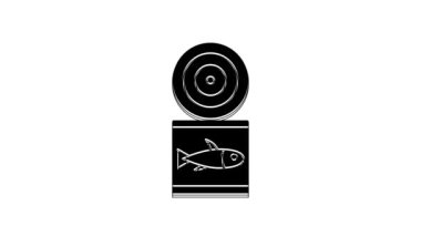 Siyah balık konservesi simgesi beyaz arkaplanda izole edilmiş. 4K Video hareketli grafik canlandırması.