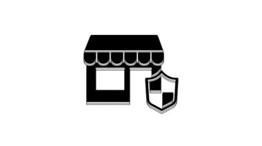 Beyaz zemin üzerinde kalkan simgesi olan siyah alışveriş binası. Sigorta konsepti. Güvenlik, güvenlik, koruma, konsept koruma. 4K Video hareketli grafik canlandırması.