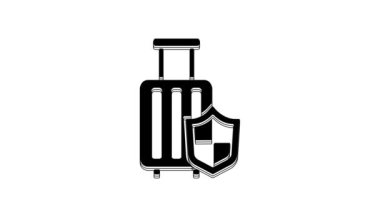 Black Travel suitcase with shield icon isolated on white background. Traveling baggage insurance. Security, safety, protection, protect concept. 4K Video motion graphic animation.