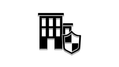 Beyaz arka planda izole edilmiş kalkan simgesine sahip Kara Ev. Sigorta konsepti. Güvenlik, güvenlik, koruma, konsept koruma. 4K Video hareketli grafik canlandırması.