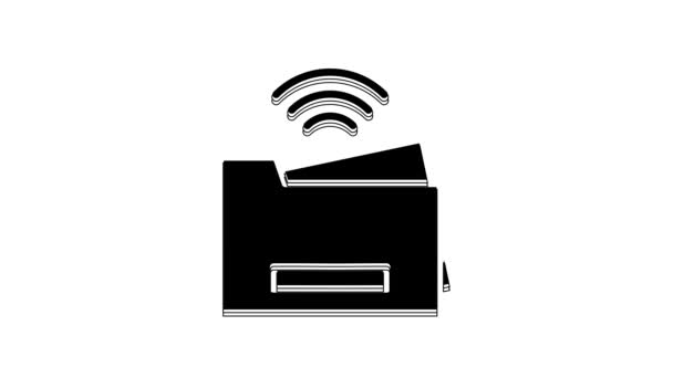 白の背景に隔離された黒のスマートプリンタシステムアイコン ワイヤレス接続で物事の概念のインターネット 4Kビデオモーショングラフィックアニメーション — ストック動画