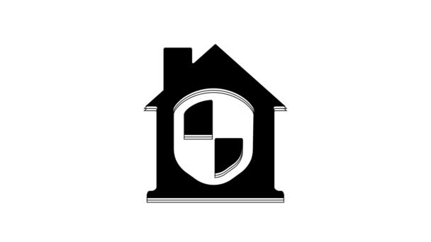 Black House Pod Ochranou Ikona Izolované Bílém Pozadí Domov Štít — Stock video