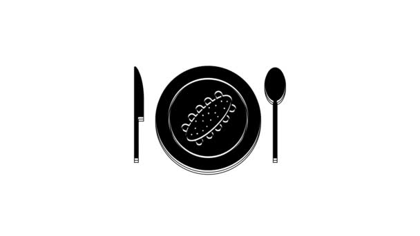 在白色背景上隔离的盘子图标上的黑色伺服黄瓜 海洋食物 4K视频运动图形动画 — 图库视频影像
