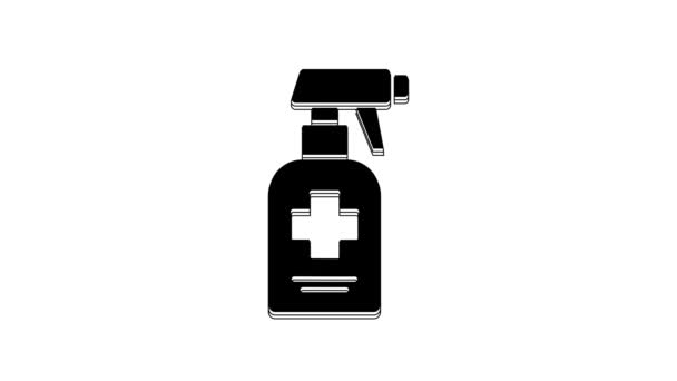 白い背景に絶縁体アイコンを持つ液体抗菌石鹸のブラックボトル 防腐剤 スキンケア 4Kビデオモーショングラフィックアニメーション — ストック動画