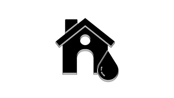 Black House Flood Icon Isolated White Background Home Flooding Water — Stock Video