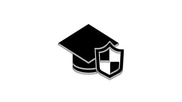 Μαύρο Καπάκι Αποφοίτησης Ασπίδα Εικονίδιο Απομονώνονται Λευκό Φόντο Ασφαλιστική Ιδέα — Αρχείο Βίντεο