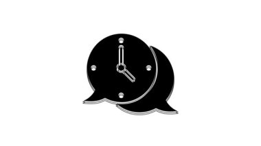 Black Clock with speech bubble icon isolated on white background. Time sign. Office watch or timer symbol. 4K Video motion graphic animation.