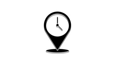 Black Location with clock icon isolated on white background. 4K Video motion graphic animation.