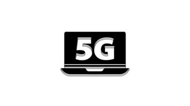Beyaz arkaplanda 5G yeni kablosuz internet kablosuz internet ikonu olan siyah dizüstü bilgisayar. Küresel ağ yüksek hızlı bağlantı veri oranı teknolojisi. 4K Video hareketli grafik canlandırması.