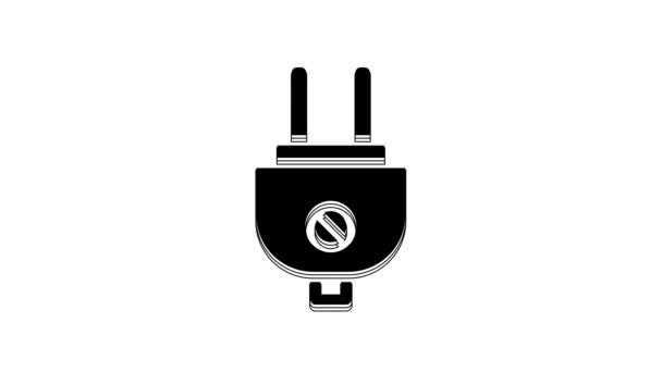 白の背景に隔離された黒の電気プラグアイコン 電気の接続と切断の概念 4Kビデオモーショングラフィックアニメーション — ストック動画