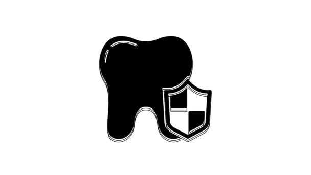 Czarna Ikona Ochrony Stomatologicznej Izolowana Białym Tle Ząb Logo Tarczy — Wideo stockowe