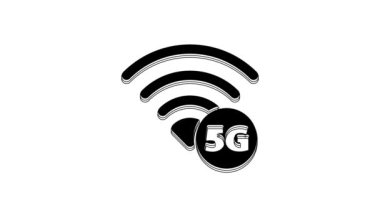 Siyah 5G yeni kablosuz internet kablosuz bağlantı simgesi beyaz arkaplanda izole edildi. Küresel ağ yüksek hızlı bağlantı veri oranı teknolojisi. 4K Video hareketli grafik canlandırması.