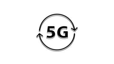 Siyah 5G yeni kablosuz internet kablosuz bağlantı simgesi beyaz arkaplanda izole edildi. Küresel ağ yüksek hızlı bağlantı veri oranı teknolojisi. 4K Video hareketli grafik canlandırması.