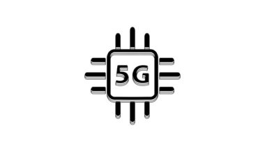 Siyah Bilgisayar işlemcisi 5G mikro devreli işlemci simgesi beyaz arkaplanda izole edildi. Devre kartlı çip ya da işlemci. Mikro işlemci. 4K Video hareketli grafik canlandırması.