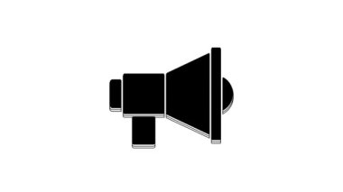 Beyaz arkaplanda siyah megafon simgesi izole edildi. Sözcü işareti. 4K Video hareketli grafik canlandırması.