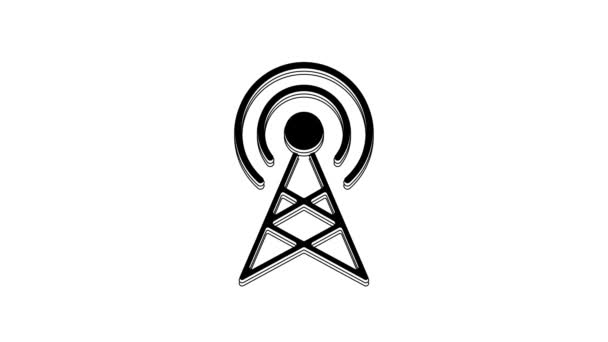 黑色天线图标在白色背景上隔离 无线电天线无线 技术和网络信号无线电天线 4K视频运动图形动画 — 图库视频影像