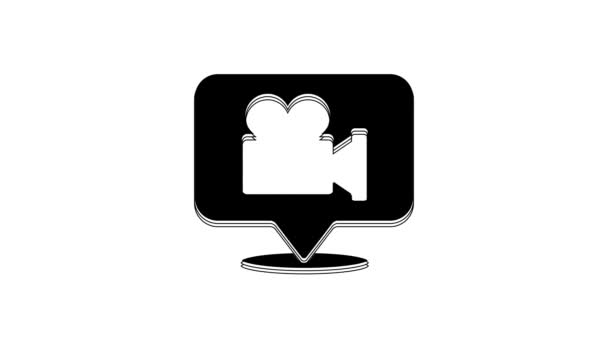 白の背景に隔離されたブラックカメラと位置ピンアイコン 4Kビデオモーショングラフィックアニメーション — ストック動画