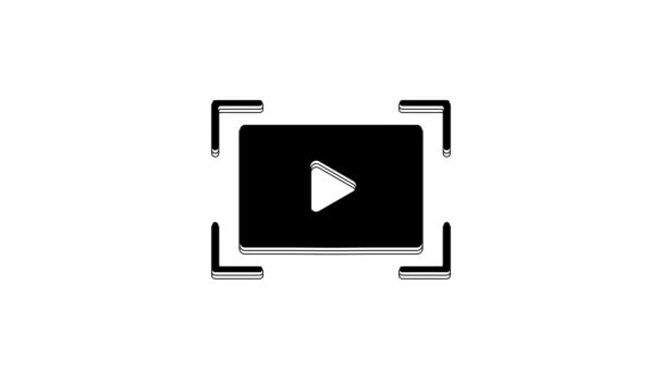 白の背景に隔離されたブラックオンライン再生ビデオアイコン プレイサイン付きのフィルムストリップ 4Kビデオモーショングラフィックアニメーション — ストック動画