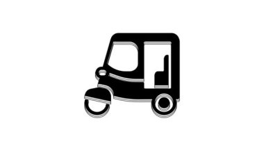 Siyah Taksi Tuk ikonu beyaz arkaplanda izole edildi. Hint oto çekçek konsepti. Delhi otomobili. 4K Video hareketli grafik canlandırması.