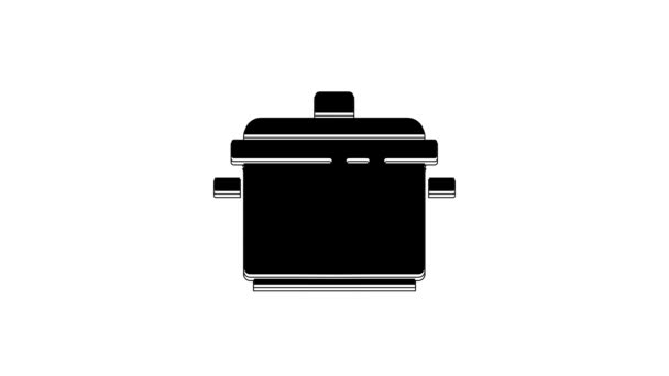白い背景に隔離された黒い鍋のアイコン 沸騰またはシチュー食品のシンボル 4Kビデオモーショングラフィックアニメーション — ストック動画