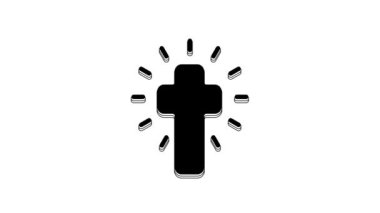 Siyah Hıristiyan haç simgesi beyaz arkaplanda izole edilmiş. Kilise haçı. 4K Video hareketli grafik canlandırması.