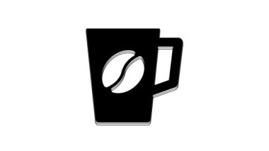 Beyaz arkaplanda siyah kahve bardağı simgesi var. Çay fincanı. Sıcak içecek kahvesi. 4K Video hareketli grafik canlandırması.