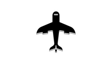 Siyah düzlem simgesi beyaz arkaplanda izole edildi. Uçan uçak ikonu. Uçak tabelası. 4K Video hareketli grafik canlandırması.