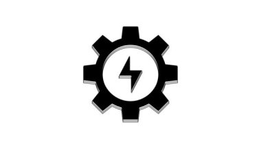 Black Gear and lightning icon isolated on white background. Electric power. Lightning bolt sign. 4K Video motion graphic animation.