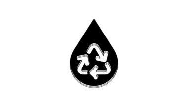Siyah Geri Dönüşüm Temiz Su simgesi beyaz arka planda izole. İşaret geri dönüşümlü bir damla su. 4K Video hareketli grafik canlandırması.