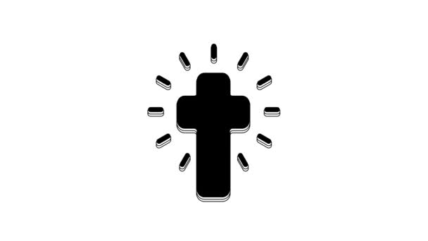 白い背景に黒いキリスト教徒の十字のアイコンが孤立した 教会の十字架 4Kビデオモーショングラフィックアニメーション — ストック動画