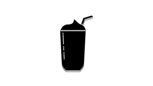 Μαύρο Εικονίδιο Milkshake Απομονωμένο Λευκό Φόντο Πλαστικό Κύπελλο Καπάκι Και — Αρχείο Βίντεο