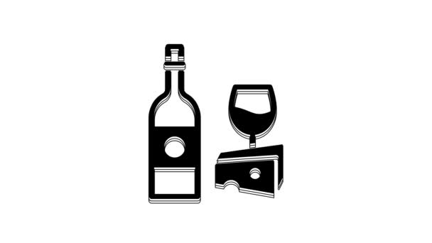 Black Wine Bottle Glass Cheese Icon Isolated White Background Romantic — Vídeo de stock