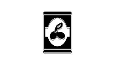 Black Olives in can icon isolated on white background. Concept of canned food. 4K Video motion graphic animation.