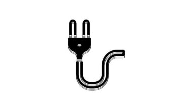 Beyaz arkaplanda siyah elektrik prizi simgesi izole edildi. Bağlantı kavramı ve elektriğin kesilmesi. 4K Video hareketli grafik canlandırması.