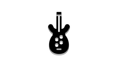 Beyaz arkaplanda siyah elektro gitar ikonu izole edildi. 4K Video hareketli grafik canlandırması.