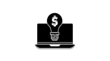 Black Business light bulb with dollar on laptop screen icon isolated on white background. User touch screen. 4K Video motion graphic animation.