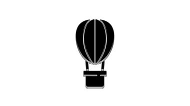 Siyah Sıcak Hava Balonu simgesi beyaz arkaplanda izole edildi. Seyahat için hava taşımacılığı. 4K Video hareketli grafik canlandırması.