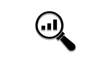 Black Magnifying glass and data analysis icon isolated on white background. 4K Video motion graphic animation.