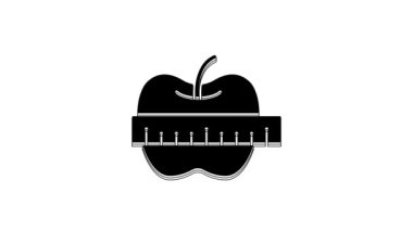 Black Apple and measuring tape icon isolated on white background. Excess weight. Healthy diet menu. Fitness diet apple. 4K Video motion graphic animation.