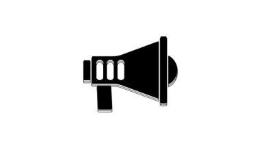 Beyaz arkaplanda siyah megafon simgesi izole edildi. Sözcü işareti. 4K Video hareketli grafik canlandırması.