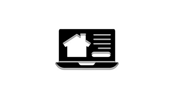 黑色在线的房屋建筑在笔记本电脑图标上与白色背景隔离 住房贷款的概念 购买房产 4K视频运动图形动画 — 图库视频影像