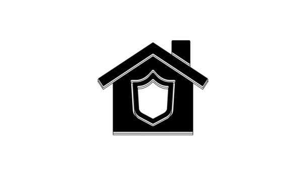 Czarny Dom Ikoną Tarczy Białym Tle Koncepcja Ubezpieczenia Ochrona Bezpieczeństwo — Wideo stockowe