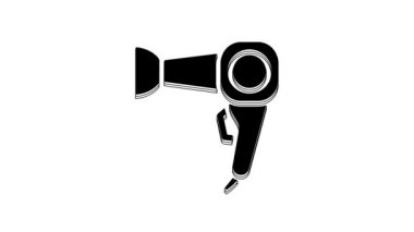 Beyaz arkaplanda siyah saç kurutma ikonu izole edildi. Saç kurutma makinesi tabelası. Saç kurutma sembolü. Sıcak hava üflüyor. 4K Video hareketli grafik canlandırması.