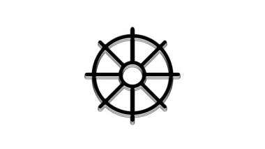 Black Dharma wheel icon isolated on white background. Buddhism religion sign. Dharmachakra symbol. 4K Video motion graphic animation.