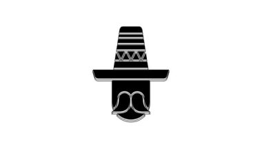 Black Mexican man wearing sombrero icon isolated on white background. Hispanic man with a mustache. 4K Video motion graphic animation.