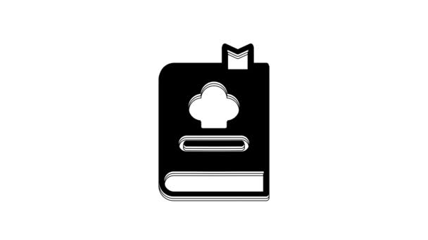 白い背景に隔離されたブラッククックブックのアイコン 料理本のアイコン レシピ本 フォークとナイフのアイコン かわいいシンボル 4Kビデオモーショングラフィックアニメーション — ストック動画