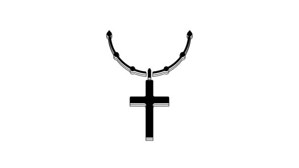白い背景に隔離されたチェーンアイコン上の黒いキリスト教徒の十字架 教会の十字架 4Kビデオモーショングラフィックアニメーション — ストック動画