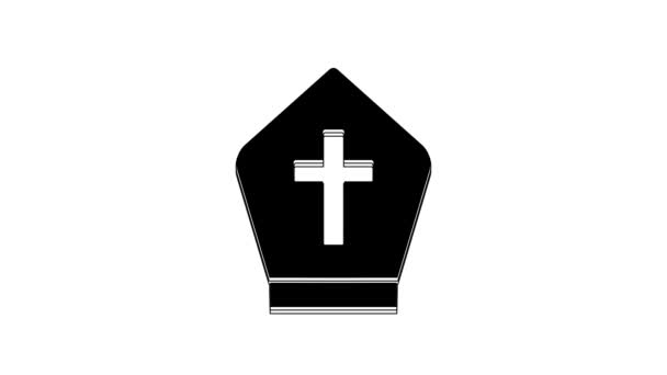 Black Pope Hat Icon Isolated White Background Christian Hat Sign — ストック動画