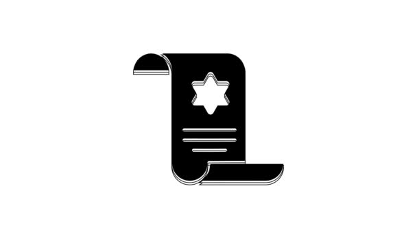 黑色托拉滚动图标孤立在白色背景 扩大形式的犹太托拉 大卫之星的象征 旧羊皮纸卷轴4K视频运动图形动画 — 图库视频影像